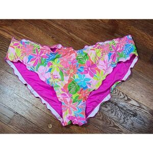 Power 2 The Flower Tropical Floral Ruched Bikini Bottoms Pink Green Blue 3X